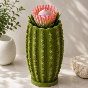 May include: A green cactus-shaped vase with a pink and white protea flower. The vase has a textured surface with star-shaped details. The flower has green leaves and a pink, textured bloom. The vase is on a light-colored surface.