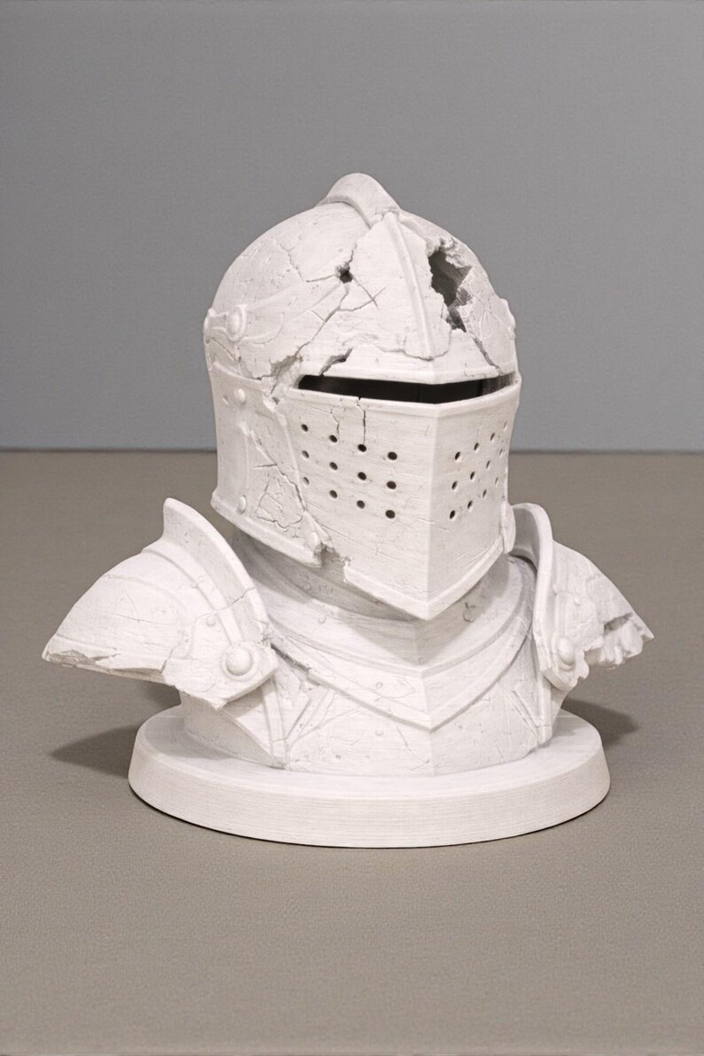 Puede incluir: Busto blanco de una armadura de caballero, que incluye un casco con visera y protectores de hombros. El casco tiene un aspecto da&ntilde;ado con grietas y un agujero. La armadura est&aacute; montada sobre una base circular.