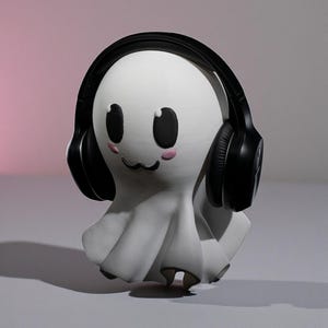 May include: A white ghost-shaped figurine with black eyes, a small black mouth, and pink cheeks, wearing black headphones. The figurine has a draped, flowing design, and is set against a gradient pink and gray background.