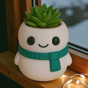 Könnte beinhalten: Ein skurriler weißer Blumentopf in Form eines Schneemanns mit schwarzen Augen und einem lächelnden Mund. Er hat einen grünen Schal und enthält eine grüne Sukkulentenpflanze. Der Topf steht auf einer Holzoberfläche.
