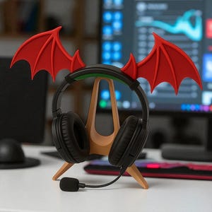 Op de afbeelding: Zwarte koptelefoon met microfoon rust op een houten standaard, versierd met rode duivelsvleugels. De koptelefoon staat voor een computermonitor, wat wijst op een gaming- of audio-opstelling. De standaard staat op een wit oppervlak.