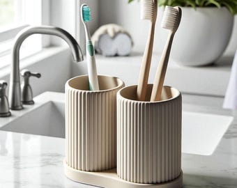 Double Toothbrush Holder | Minimalist Toothbrush Stand | Bathroom Sink Organizer