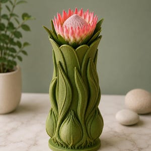 May include: A green, leaf-shaped vase holding a pink and green protea flower. The vase has a textured surface and a detailed, organic design. The flower's petals are a vibrant pink, contrasting with the green of the vase and leaves.