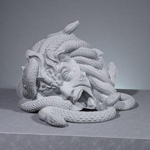 Peut inclure: Une sculpture grise de la t&ecirc;te de M&eacute;duse, avec des serpents s'enroulant autour du visage et de la t&ecirc;te. La sculpture a une bouche ouverte et des traits faciaux d&eacute;taill&eacute;s. L'&oelig;uvre est expos&eacute;e sur une surface grise.