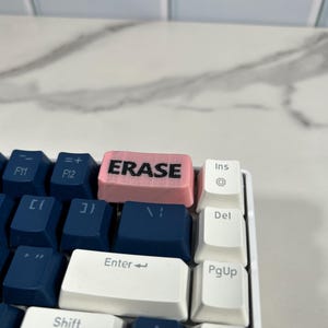 May include: A pink keyboard keycap with the word "ERASE" printed in black letters. The keycap is on a blue and white keyboard.