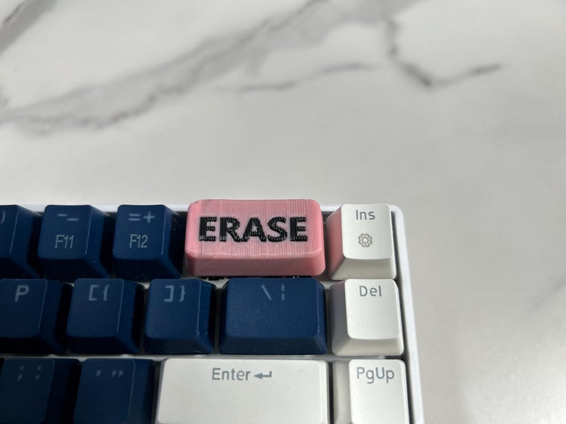 May include: A pink keyboard key with the word "ERASE" printed in black letters.