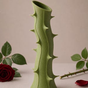 May include: A green vase shaped like a thorny stem. The vase has a textured surface and is adorned with several sharp, pointed thorns. The top of the vase is angled. A red rose and petals are in the background.