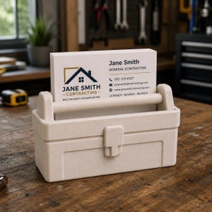 May include: A beige business card holder shaped like a toolbox, holding business cards. The cards display the name "Jane Smith - Contracting" with a logo of a house and the text "Built on Quality Delivered on Time."