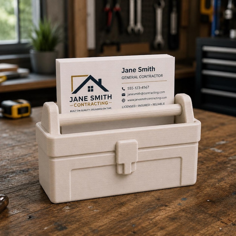 May include: A beige business card holder shaped like a toolbox, holding business cards. The cards display the name "Jane Smith - Contracting" with a logo of a house and the text "Built on Quality Delivered on Time."