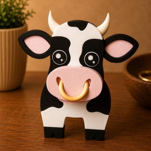 May include: A whimsical cow figurine with a black and white pattern, pink accents, and a gold-colored nose ring. The cow has large, expressive eyes and curved horns. The figurine is made of layered materials and stands upright.