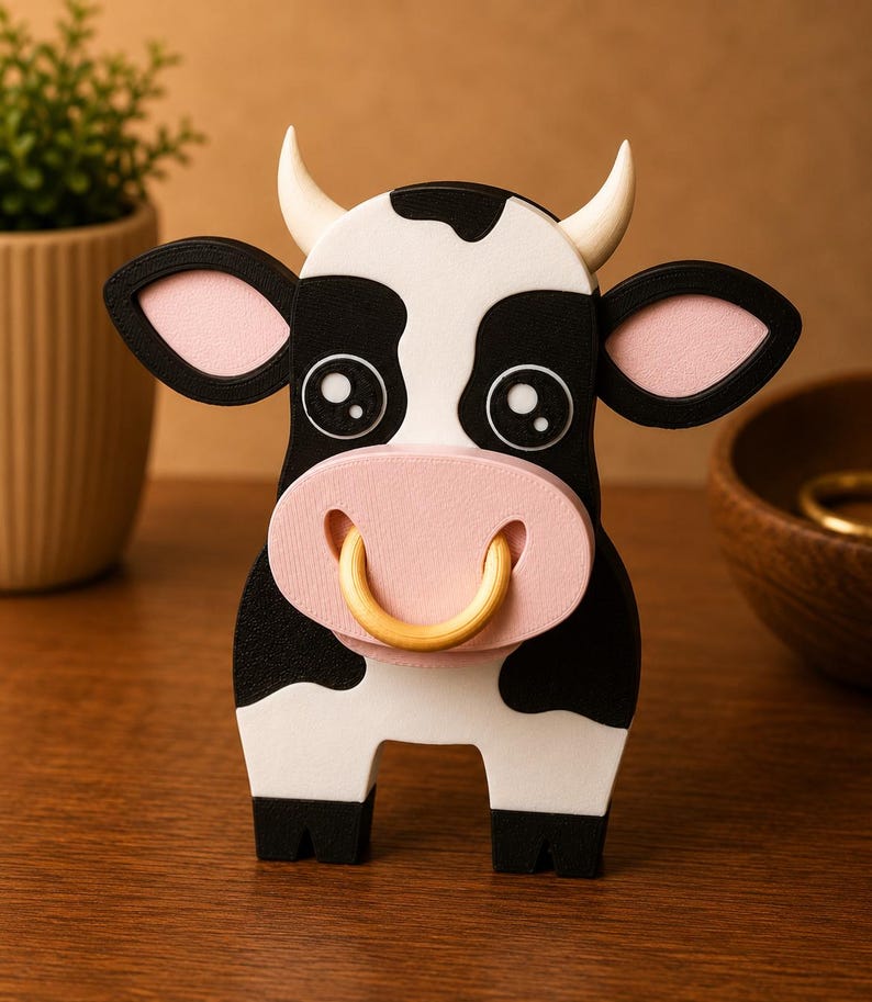 May include: A whimsical cow figurine with a black and white pattern, pink accents, and a gold-colored nose ring. The cow has large, expressive eyes and curved horns. The figurine is made of layered materials and stands upright.