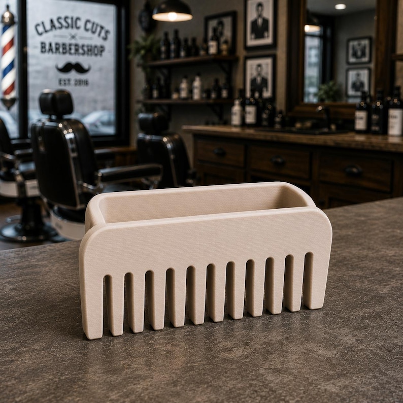 Puede incluir: Un organizador beige en forma de peine, probablemente para una barber&iacute;a. Tiene forma rectangular con ranuras verticales que se asemejan a los dientes de un peine. El fondo muestra una barber&iacute;a con sillas, espejos y el texto "CLASSIC CUTS BARBERSHOP".