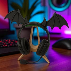 May include: Black gaming headset with bat wing accents, resting on a wooden stand. The headset has a built-in microphone and is designed for immersive audio experiences. The bat wings are a unique decorative element.