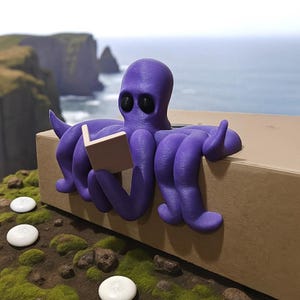 May include: A whimsical purple octopus figurine reading a small book. The octopus has large black eyes and is perched on a brown surface. The background features a coastal landscape with ocean and cliffs.