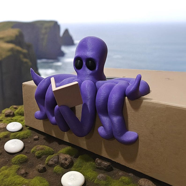 May include: A whimsical purple octopus figurine reading a small book. The octopus has large black eyes and is perched on a brown surface. The background features a coastal landscape with ocean and cliffs.