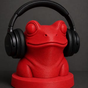 May include: A bright red frog-shaped headphone stand with black headphones. The stand has a textured surface and a round base. The headphones are black and have the brand name "SONY" printed on the side.