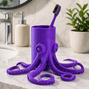 May include: A purple octopus-shaped toothbrush holder with a matching toothbrush. The holder has a cylindrical body and tentacles. The toothbrush has a black bristle head. Bathroom decor.