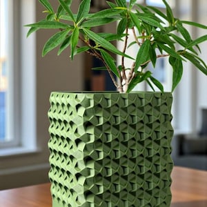 May include: A green, geometric patterned planter with a small plant. The square planter has a textured surface with a repeating pattern. The plant has long, green leaves and is placed on a wooden table.