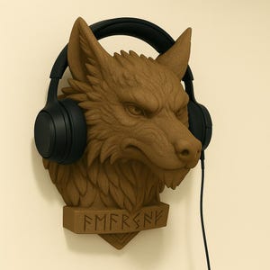 Könnte beinhalten: Eine braune Wolfskopf-Wandhalterung mit schwarzen Kopfhörern. Der Wolfskopf hat einen wütenden Ausdruck und besteht aus einem strukturierten Material. Die Kopfhörer hängen am Wolfskopf. Die Basis der Halterung trägt den Text "FMRSNF".
