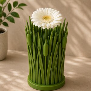 May include: A green, grass-like vase holds a white gerbera daisy with a yellow center. The vase has a cylindrical shape with a round base and is designed to resemble blades of grass and cattails. The background is a neutral color.