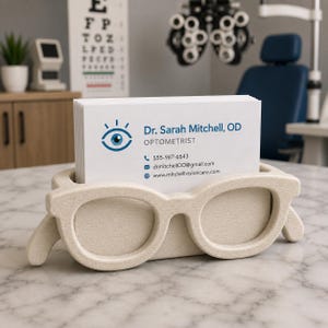 Op de afbeelding: Een beige brilvormige visitekaarthouder gevuld met witte kaarten. De kaarten tonen de naam "Dr. Sarah Mitchell, OD, Optometrist" en contactgegevens. De houder staat op een marmeren oppervlak.