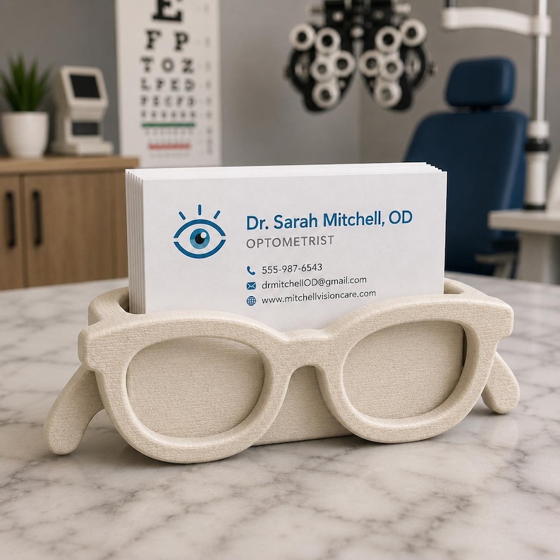 Op de afbeelding: Een beige brilvormige visitekaarthouder gevuld met witte kaarten. De kaarten tonen de naam "Dr. Sarah Mitchell, OD, Optometrist" en contactgegevens. De houder staat op een marmeren oppervlak.