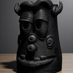 May include: A black, 3D-printed monster-like sculpture with multiple eyes, horns, and a wide grin. The textured surface and cartoonish design give it a whimsical appearance. The sculpture is likely a decorative item or a unique piece of art.