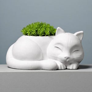 May include: A white ceramic cat-shaped planter with a sleeping pose. The planter is filled with green plants. The cat's eyes are closed, and it rests on a gray surface against a blue background. A decorative item for home decor.