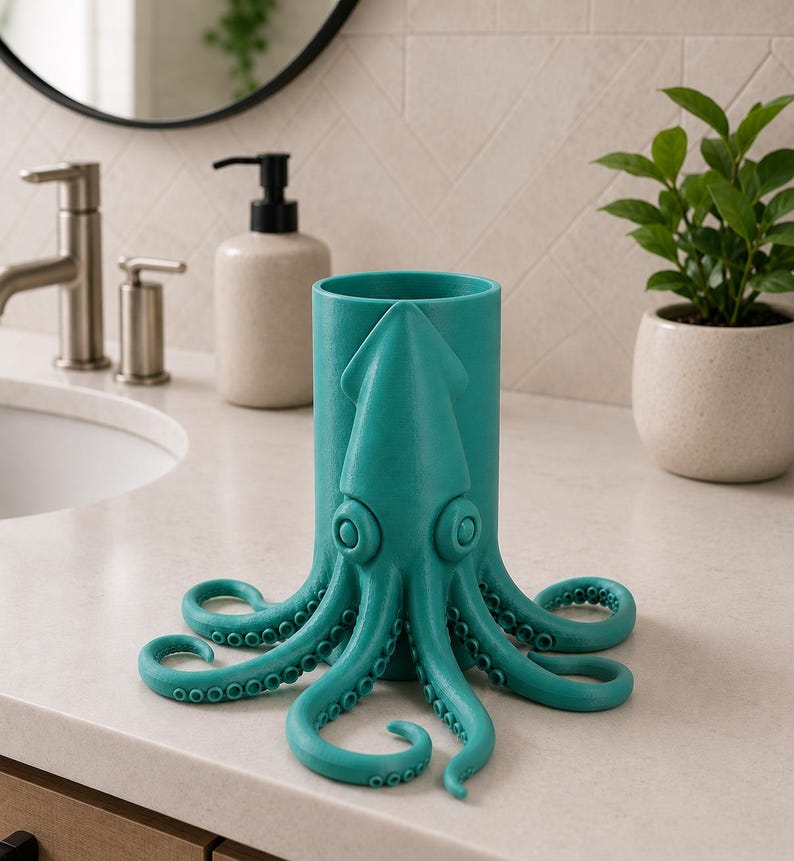 May include: A teal octopus-shaped holder, likely for bathroom accessories, sits on a white countertop. The holder features a cylindrical body with an octopus design, including tentacles and large eyes. A sink, mirror, and plant are in the background.