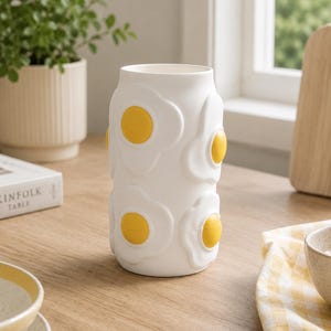 May include: A white ceramic vase with a repeating pattern of fried eggs, each with a yellow yolk. The vase is cylindrical and sits on a wooden surface. A plant in a white pot is visible in the background.