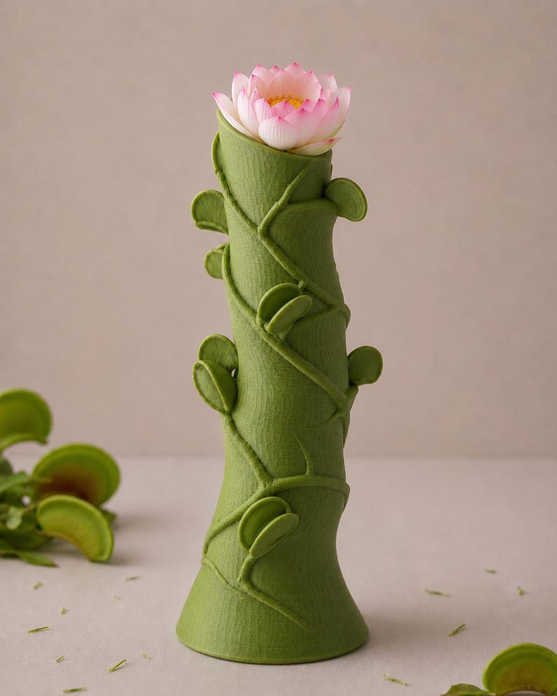May include: A green vase with a textured surface and vine-like detailing, holding a pink and white lotus flower. The vase has a flared base and is approximately 10 inches tall.