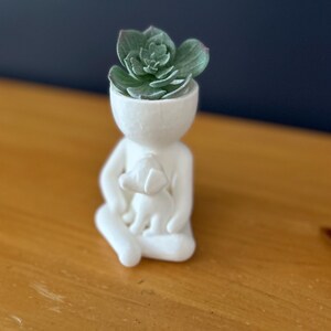 Puede incluir: Una figura de cer&aacute;mica blanca de una persona sentada con un perro, sosteniendo una planta suculenta. La cabeza de la figura est&aacute; abierta para sostener la planta. La suculenta es verde con una superficie texturizada. La figura est&aacute; sobre una superficie de madera.