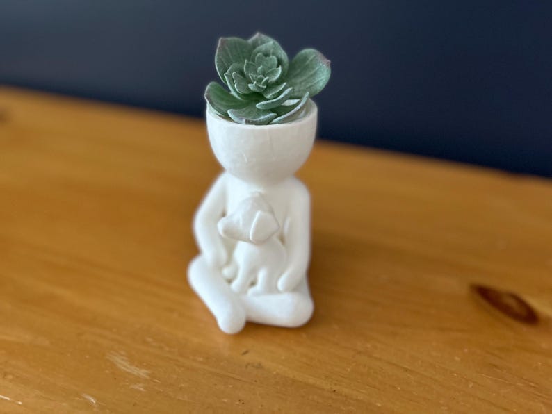 Puede incluir: Una figura de cer&aacute;mica blanca de una persona sentada con un perro, sosteniendo una planta suculenta. La cabeza de la figura est&aacute; abierta para sostener la planta. La suculenta es verde con una superficie texturizada. La figura est&aacute; sobre una superficie de madera.