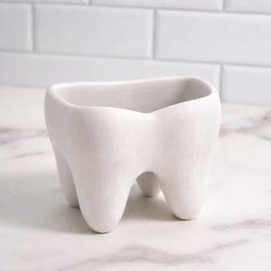 May include: A white ceramic planter in the shape of a molar tooth. It features a rectangular opening and three rounded roots. The surface has a textured finish. This planter is designed for small plants or decorative items.