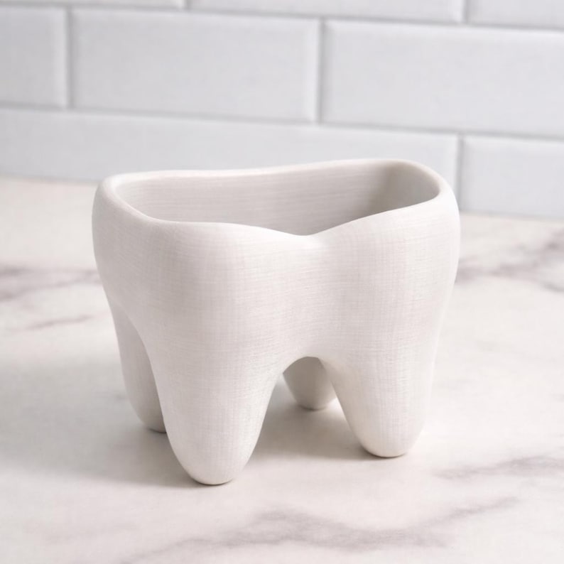 May include: A white ceramic planter in the shape of a molar tooth. It features a rectangular opening and three rounded roots. The surface has a textured finish. This planter is designed for small plants or decorative items.