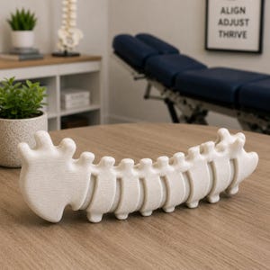Op de afbeelding: Een lichtgekleurd, gedetailleerd model van een menselijke wervelkolom, rustend op een houten tafel. Het model heeft een neutrale kleur en toont de wervels en de wervelstructuur. De achtergrond toont een chiropractietafel.