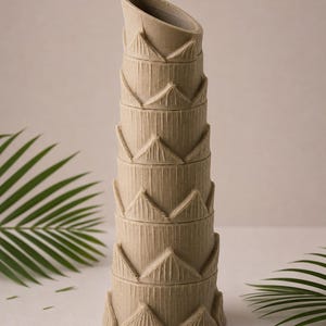 May include: A tall, stacked beige container with a textured surface and a slanted top. The container is composed of several sections, each with a decorative triangular pattern. The design resembles a stylized palm tree trunk.