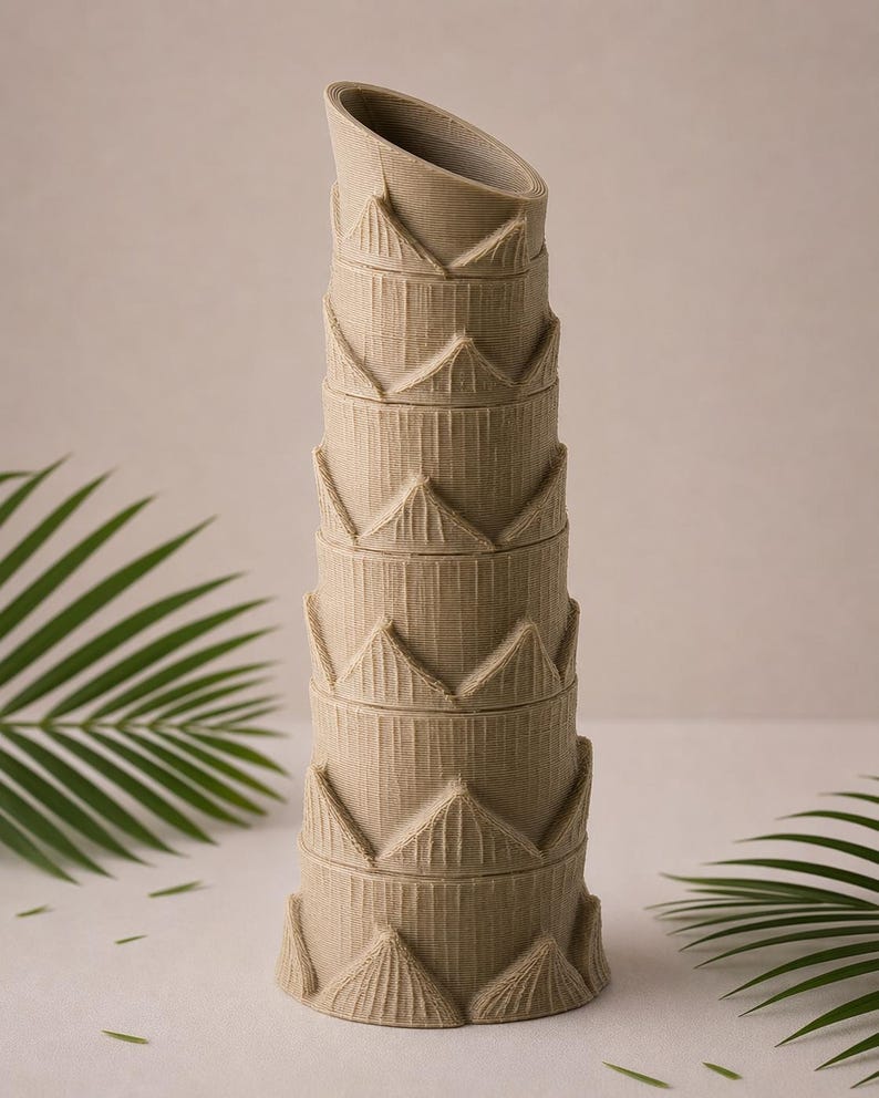 May include: A tall, stacked beige container with a textured surface and a slanted top. The container is composed of several sections, each with a decorative triangular pattern. The design resembles a stylized palm tree trunk.