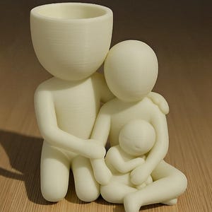 Puede incluir: Figurita familiar de color crema, que presenta una figura paterna con una cabeza grande y una peque&ntilde;a abertura para maceta, abrazando a otro padre y a un ni&ntilde;o. Las figuras est&aacute;n estilizadas y parecen impresas en 3D.