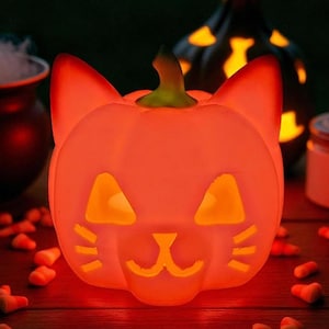 May include: An illuminated orange cat-faced pumpkin lantern with cut-out features, surrounded by candy corn. The Halloween decoration has a green stem and is lit from within, creating a warm glow. Other carved pumpkins are in the background.