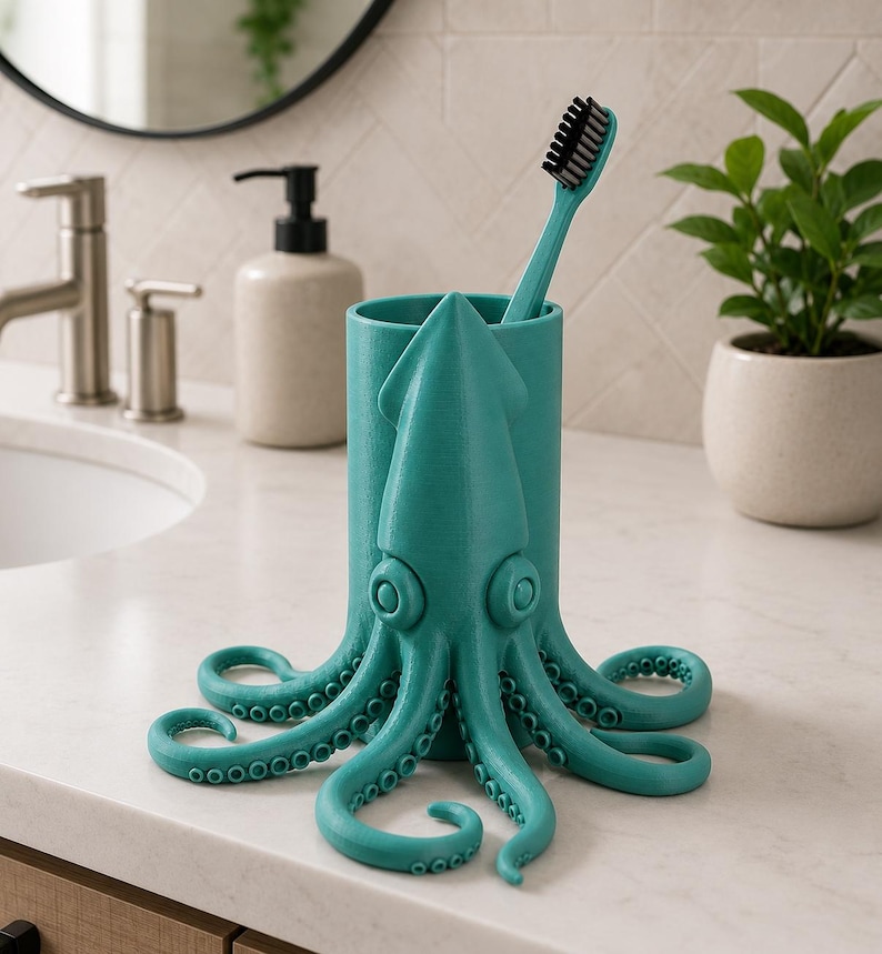 May include: A teal octopus-shaped toothbrush holder with a toothbrush inside. The holder has a cylindrical body with an octopus design, including tentacles and large eyes. The toothbrush has a teal handle and black bristles. The holder sits on a white countertop.