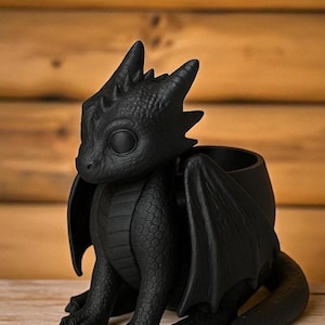 May include: A black dragon-shaped planter with a detailed, textured surface. The dragon has large, round eyes, wings, and a tail. The planter is designed to hold small plants or other decorative items. The dragon is sitting on a wooden surface.