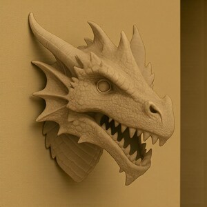 Puede incluir: Escultura de pared con forma de cabeza de drag&oacute;n beige. El drag&oacute;n tiene dientes afilados, cuernos y escamas detalladas. La escultura es una pieza decorativa, probablemente para un hogar o espacio tem&aacute;tico.