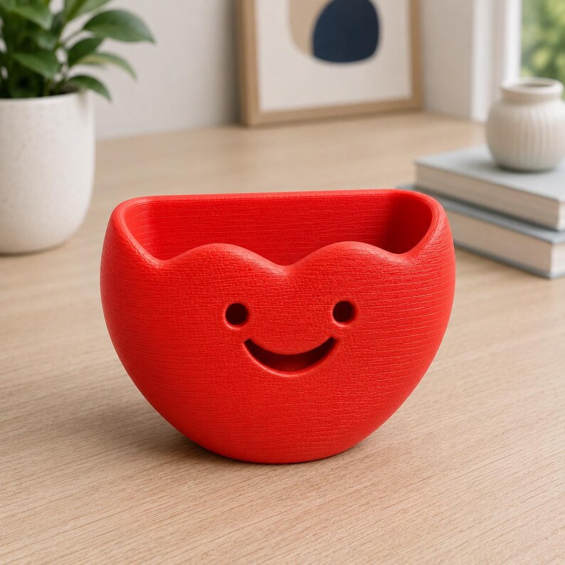 May include: A red planter with a smiling face design. The planter has a textured surface and a wavy top edge. It is a decorative item that can be used to hold small plants or other items.
