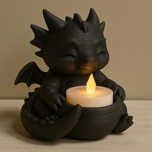 May include: A black dragon figurine holding a candle. The dragon has a smiling face, wings, and a tail. The candle is white with a flickering yellow light. The figurine is made of a textured material.