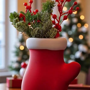 May include: A red mitten-shaped vase with a white trim, filled with green and red decorative sprigs. The vase is on a wooden surface, with a Christmas tree and lights in the background. A festive holiday decoration.