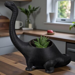 May include: A black dinosaur-shaped plant pot with a long neck and a small succulent plant inside. The pot is made of a matte black material and sits on a wooden surface. The dinosaur has a detailed, textured surface.