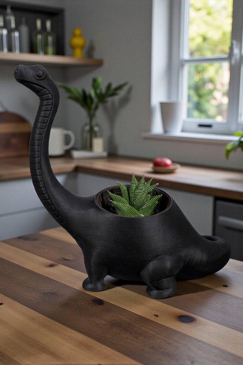 May include: A black dinosaur-shaped plant pot with a long neck and a small succulent plant inside. The pot is made of a matte black material and sits on a wooden surface. The dinosaur has a detailed, textured surface.