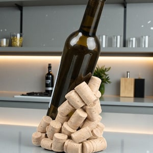 Puede incluir: Un soporte para botellas de vino hecho de corchos apilados, que sostiene una botella de vino verde oscuro. El soporte es de color marr&oacute;n claro y la botella est&aacute; en &aacute;ngulo. El fondo muestra una cocina.