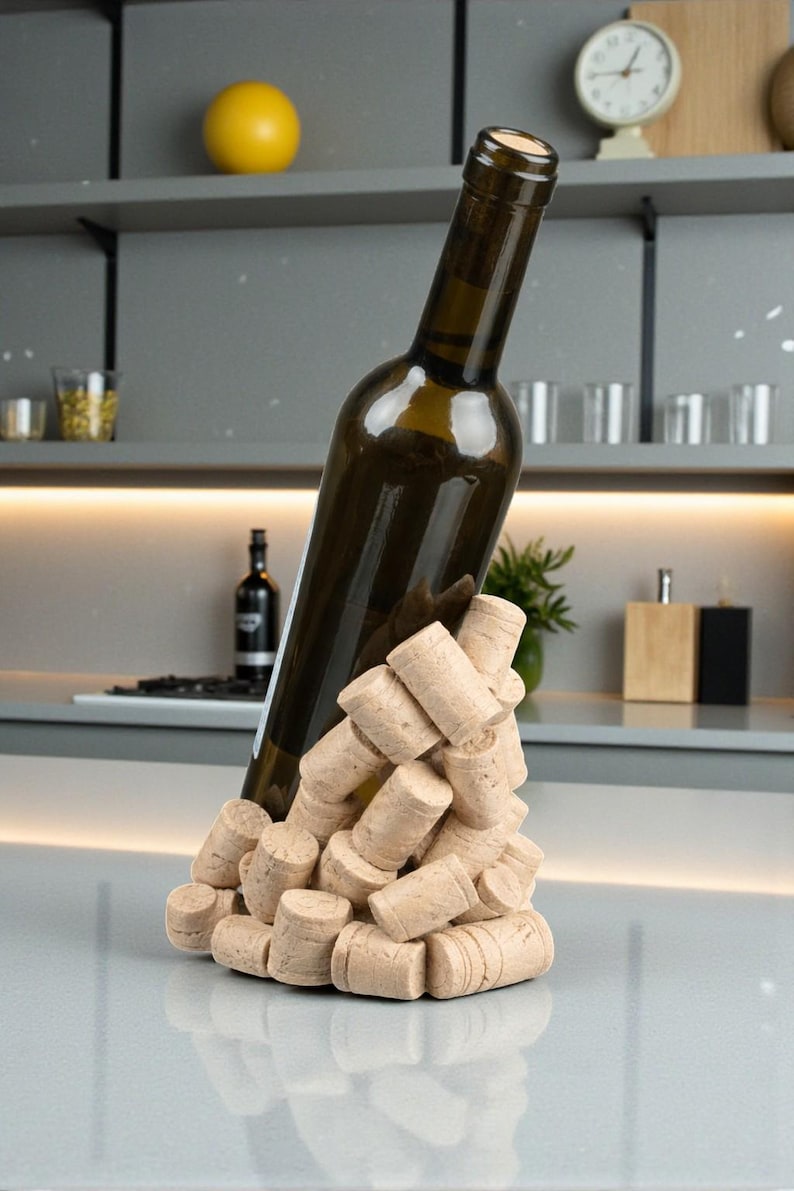 Puede incluir: Un soporte para botellas de vino hecho de corchos apilados, que sostiene una botella de vino verde oscuro. El soporte es de color marr&oacute;n claro y la botella est&aacute; en &aacute;ngulo. El fondo muestra una cocina.